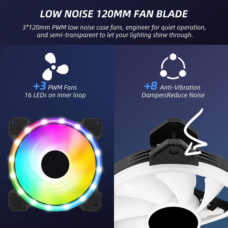 AURTEC 3 Pack RGB Case Fans, 120mm Ultra-Quiet RGB Chassis Cooling Fans, Equiped with Remote Control Hub, 5V ARGB Sync, Speed Adjustable Colorful Cooler, High-Performance Chassis Computer Fan for PC Case - Image 4